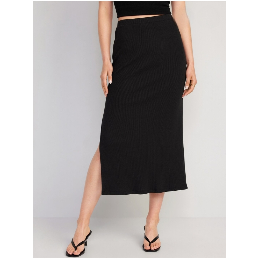 Old Navy Black Ribbed Midi Maxi Skirt Women's 3X Pull-On Side Slit Minimalist
